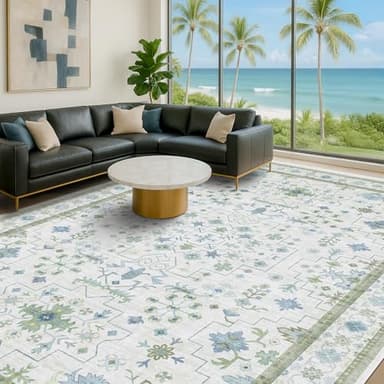 Oriental 10x14 Rug Living Room - Washable Oushak Boho Extra Large for Bedroom Non Slip Soft Faux Wool Carpet for Dining Room Playroom - Cream Blue and Green Floral Rug - Image 8