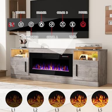 PRETZI Fireplace TV Stand with 36" Fireplace Up to 80" TVs,70" Entertainment Center with LED Lights,Remote Control,TV Media Console with Storage Cabinets for Living Room, Gray - Image 3