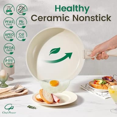 Chef Power Ceramic Cookware Set Non Toxic with Detachable Handles, Healthy Nonstick Pans and Pots Set 19 Pcs, Induction Dishwasher Oven Safe Kitchen Set, PFAS PFOA & PTFE Free, Cream White - Image 4