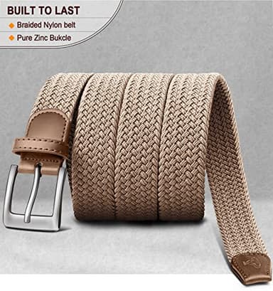 BULLIANT Belt for Men 2Pack,Mens Gift Stretch Braided Web Belt Elastic for Casual Golf Jeans,1 3/8"(Black/Beige,42"-46" Waist Adjustable) - Image 4
