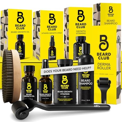 The Beard Club Advanced Beard Growth Kit - Derma Roller, Growth Oil, Vitamins and Vitamin Spray, Shampoo and Boar Bristle Brush - Gift Set - Cedar - Image 1