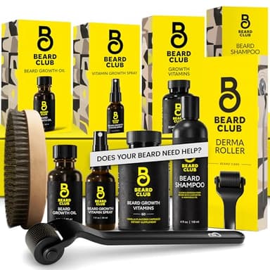 The Beard Club Advanced Beard Growth Kit - Derma Roller, Growth Oil, Vitamins and Vitamin Spray, Shampoo and Boar Bristle Brush - Gift Set - Cedar - Image 1