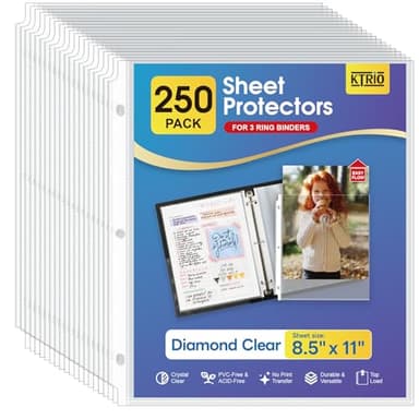 KTRIO Sheet Protectors 8.5 x 11 inch, Clear Page Protector for 3 Ring Binder, Plastic Sleeves for Binders, Top Loading Paper Sheets Document Sleeve Letter Size, Office & Home, 250 Pack - Image 1