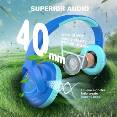 iClever Kids Bluetooth Headphones with LED Lights, 43H Playtime, Type-C Fast Charging, BTH18 Safe Volume 74/85dBA, Bluetooth5.3,Toddler Headphones Aux Cord for iPad/Tablet/Travel/School, Blue - Image 5