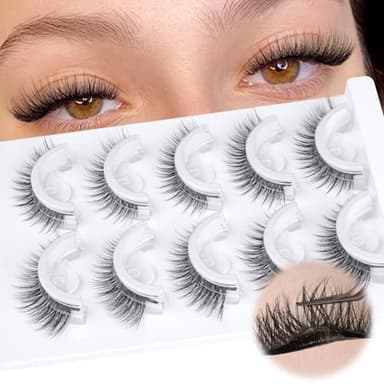 Self Adhesive Eyelashes Natural Look Press On Lashes No Glue Needed Wispy Reusable Self Adhesive Lashes without Eyeliner Clear Band Pre Glued Lashes Cat Eye Lashes Faux Mink Lashes 5 Pairs - Image 2