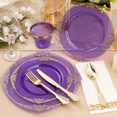 Bestluck 350PCS Clear Purple Plastic Plates for 50 Guests, Disposable Plates with Gold Trim include 50 Dinner Plates, 50 Dessert Plates, 150 Gold Silverware, 50 Cups, 50 Napkins for Party, Wedding - Image 5