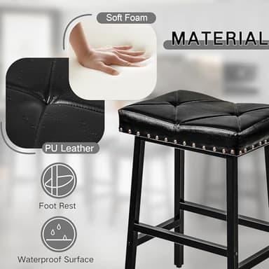 VECELO 25 inch Counter Height Stools for Kitchen Island, 3.3'' Thick PU Upholstered Saddle Seats, Backless Bar Chairs with Metal Base, Black - Image 5