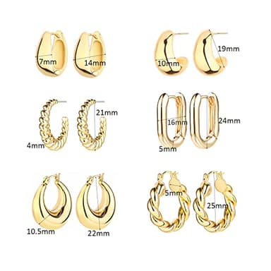 6 Pairs 14K Gold Plated Hoop Earrings for Women Lightweight Chunky Hoop Earrings Multipack Hypoallergenic, Thick Open Twisted Huggie Hoops Earring Set Jewelry for Gifts. (Gold) - Image 6