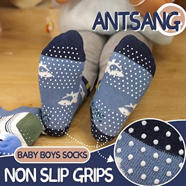 ANTSANG Baby Boys Grips Socks Kids Toddlers Infants Non Slip/Anti Skid Crew Cotton Socks 12 Pairs (Boy's-Shark(12 Pairs),3-5 Y) - Image 3