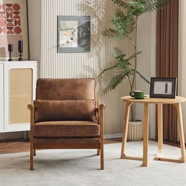 Karl home Accent Chair Wide Armrest Mid-Century Lounge Chair Bronzing Cloth Armchair with Lumbar Pillow & Solid Wood Frame for Living Room, Bedroom, Balcony, Brown - Image 5