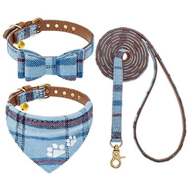 EXPAWLORER Dog Collar and Leash Set - Pawprint Plaid Collar with Bow Tie and Bell, Cute for Dogs and Cats, Blue S-M - Image 1