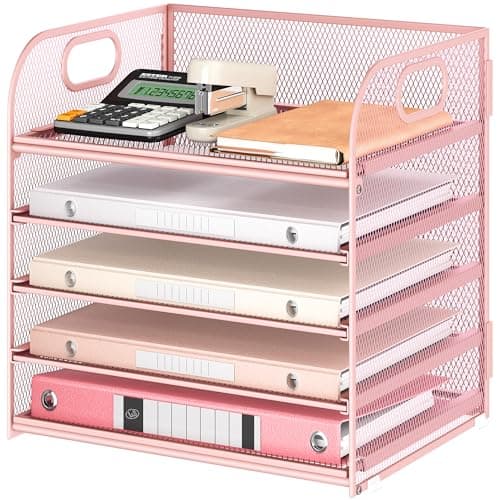 5 Tray Paper Organizer Letter Tray with Handle - Mesh Desk File Organizer, Paper Sorter Organizer for Office, Home or School File Folder Holder - Pink - Image 1