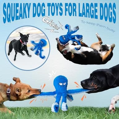 LEGEND SANDY Tough Dog Toys, Stuffed Chew Large Dog Toys to Keep Them Busy, Interactive Squeaky Tug of War Doggie Toy, Crinkle Blue Octopus - Image 6