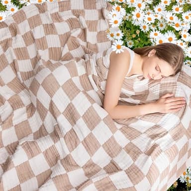 EMME Checkered Cotton Blanket Queen Size for Bed Soft Large Muslin Bed Blankets 80"x90" Lightweight Breathable Cooling All Season Gauze, Light Tan - Image 3