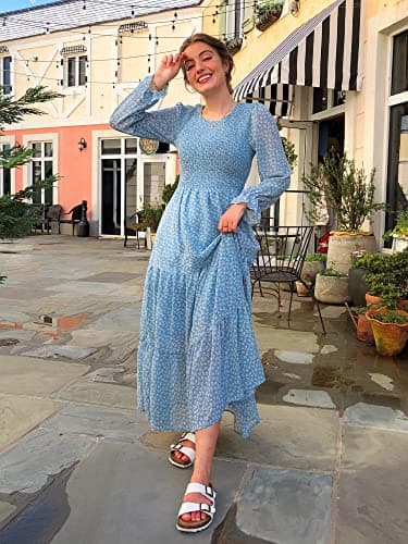 BTFBM Women Casual Long Sleeve Crew Neck Fall Dress Bohemian Relaxed Fit Floral Flowy Maxi Dresses Tiered Cocktail Dress(Floral Blue White,XX-Large) - Image 5