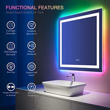LOAAO 36"X36" LED Bathroom Mirror with Lights, Anti-Fog, Dimmable, RGB Backlit + Front Lighted, Bathroom Vanity Mirror for Wall, Memory Function - Image 7