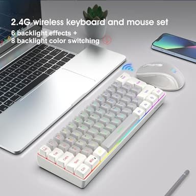 Snpurdiri 2.4G Wireless Gaming Keyboard and Mouse Combo, Include Mini 60% Mechanical Feel RGB Backlit Keyboard, Ergonomic Vertical Feel Small Wireless Mouse(White and Grey) - Image 7