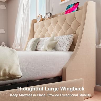 Feonase Twin Bed Frame with 4 Storage Drawers, Upholstered Wingback Headboard, Easy Assembly, No Box Spring Needed, Beige - Image 6