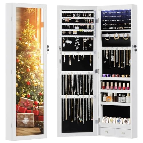 Sweetcrispy Jewelry Cabinet Organizer Wall or Door Mounted, 47.2-inch Jewelry Armoire with Full-Length Mirror, 6 LEDs Lockable Jewelry Storage, Large Capacity Storage, White - Image 1