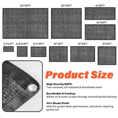 JOJOLEE 40% Sun Shade Cloth, 20x30FT Shade Net Mesh Tarp with Grommets, Black Sunblock Cover for Outdoor Patio Plants, Pergola, Greenhouse, Chicken Coop, Backyard, Balcony - Image 3