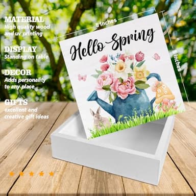 YXSEZ Rustic Wooden Spring Decorative Sign - 5 x 5 Inches - Floral Theme - Tabletop - Hello Spring - Image 2