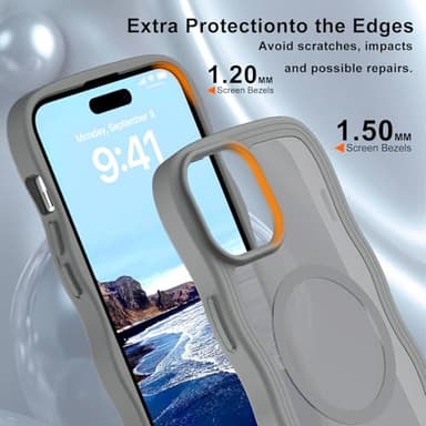Hualele Magnetic for iPhone 15 Pro Case, Compatible with MagSafe, Military Grade Dropproof Translucent Matte Back Cute Curly Wave Edge Slim Phone Case 15 Pro, Grey - Image 5