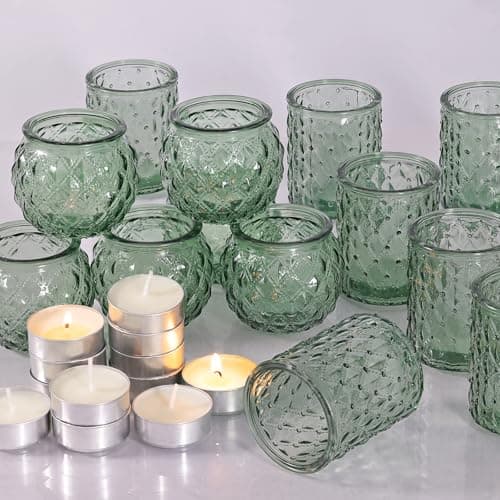 DARJEN 12Pcs Green Votive Candle Holders with 12Pcs Tea Lights Candles- Round Glass Candle Holders Bulk for Table Centerpiece, Tea Lights Candle Holders for Wedding Home Party & Gift - Image 1