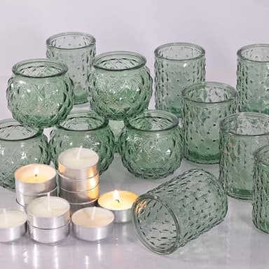 DARJEN 12Pcs Green Votive Candle Holders with 12Pcs Tea Lights Candles- Round Glass Candle Holders Bulk for Table Centerpiece, Tea Lights Candle Holders for Wedding Home Party & Gift - Image 1
