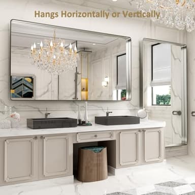 LOAAO 84X32 Inch Brushed Nickel Bathroom Mirror, Rounded Rectangle Silver Metal Frame Mirror, Brushed Nickel, Anti-Rust, Hangs Horizontally or Vertically - Image 4