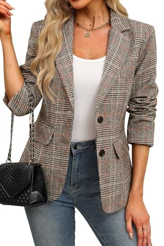 ELLEVEN Womens Casual Plaid Blazer Lapel Collar Double Button Long Sleeve Boyfriend Blazer Suit Houndstooth Plaid Blazer Jacket Business Work Office Blazer Suits Brown Plaid Small - Image 1