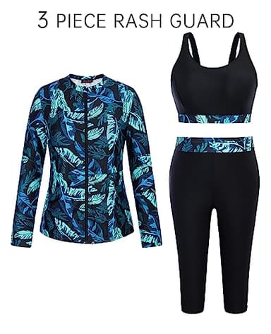 Hanna Nikole Women's Plus Size 3 Piece Rash Guard Swimsuits Long Sleeve Swimwear for Surfing Blue Leaf 24W - Image 4