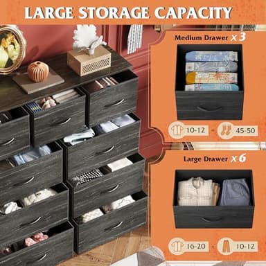 WLIVE 9-Drawer Dresser, Fabric Storage Tower for Bedroom, Entryway, Closet, Tall Chest Organizer Unit with Fabric Bins, Steel Frame, Wood Top, Easy Pull Handle, Charcoal Black Wood Grain Print - Image 4
