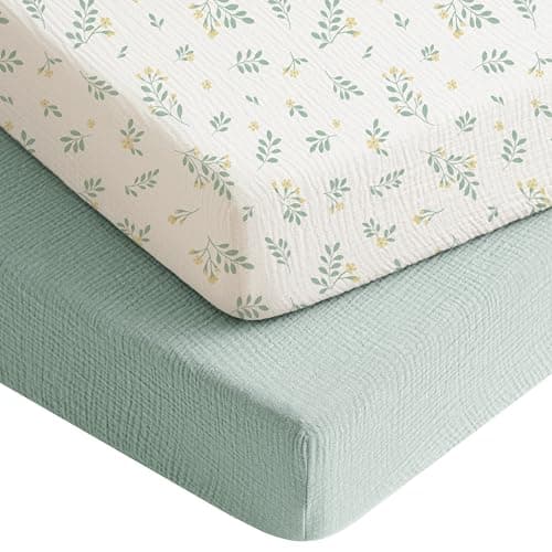 Konssy Muslin Crib Sheets for Boys, Soft Cotton Neutral Baby Sheets for Standard Crib Mattress 2 Pack, 52"x28" (Leaf,Green) - Image 1