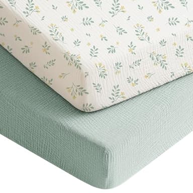 Konssy Muslin Crib Sheets for Boys, Soft Cotton Neutral Baby Sheets for Standard Crib Mattress 2 Pack, 52"x28" (Leaf,Green) - Image 1
