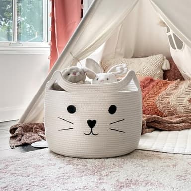 HiChen Large Woven Cotton Rope Storage Basket, Baby Laundry Basket Organizer for Towels, Blanket, Toys, Clothes, Gifts | Pet Gift Baskets for Cat, Dog - 15.7" L×11.8" H - Image 5