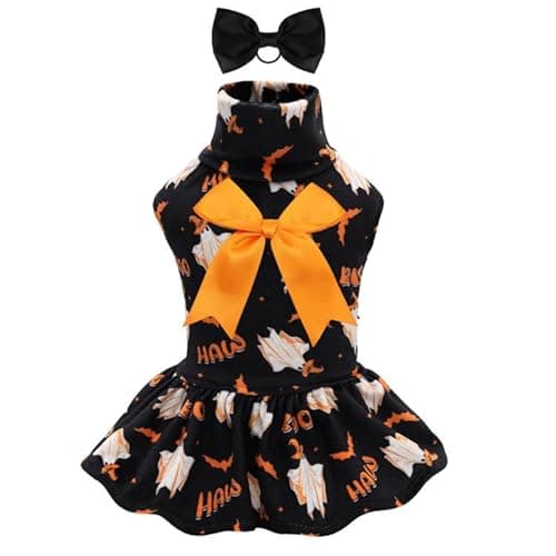 CuteBone Turtleneck Dog Velvet Dress Halloween Puppy Skirt Costume Pet Clothes Cat Apparel with Bow Hair Rope for Small Dogs CVD17M - Image 1