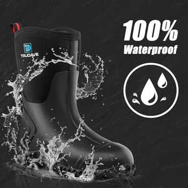 Trudave Rubber Boots for Women with Steel Shank, 6mm Neoprene Mid Calf Rain Boots, Waterproof Insulated Mud Work Boots All Season, Black, Size 5 - Image 2
