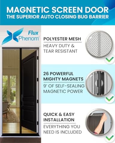 FLUX Magnetic Screen Door - Self-Closing, Pet-Friendly, Durable Polyester Mesh Screen Door with Powerful Magnetic Attachments, Keeps Bugs Out, Fits Sliding Doors and Standard Doors up to 32" x 80" - Image 2