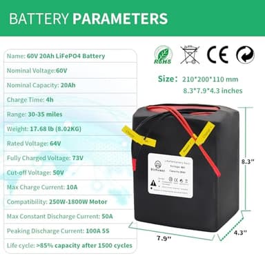 BtrPower 60V 20AH Ebike LiFePO4 Battery Pack with 50A BMS and 5A Fast Charger Fit for 1800W-350W Motor - Image 3