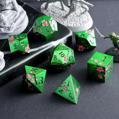 Matt Green Metal Dice Set, DNDND 7 PCS Heavy Metallic D&D Dice Set with Gorgeous Gift Case for Dungeons and Dragon Tabletop Game (Matte Green with Pink Flower) - Image 7