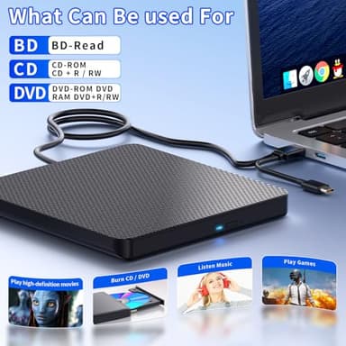 aelrsoch External Compatible Blu ray Drive Player Read/Write Compatible Bluray Burner Compatible USB 3.0 and Type-C DVD Burner Blu-ray/DVD/CD, BD Drive, Windows 7-11 & Mac, PC M-DISC（Black） - Image 2