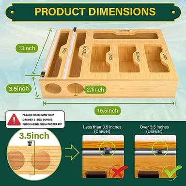 KOCWELL Bag Organizer and Plastic Wrap Dispenser with Cutter, 6 In 1 Bamboo Foil and Plastic Wrap Organizer for Kitchen Drawer, Food Storage Bag Organizer for Gallon,Quart,Sandwich,Snack(Yellow) - Image 3