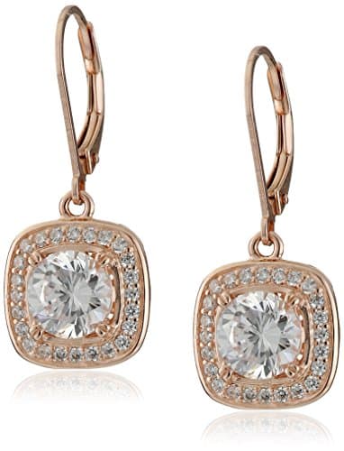 Amazon Collection 14k Rose Gold Plated Sterling Silver Cubic Zirconia Halo Set Leverback Drop Earrings