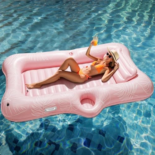 HeySplash Inflatable Pool Float Lounge, Large Inflatable Pool Floats Boat for Adults with Cup Holder & Detachable Pillow, Tanning Pool Lounger Float for Outdoor Lake River Summer Water Party,Pink Leaf - Image 1