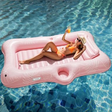 HeySplash Inflatable Pool Float Lounge, Large Inflatable Pool Floats Boat for Adults with Cup Holder & Detachable Pillow, Tanning Pool Lounger Float for Outdoor Lake River Summer Water Party,Pink Leaf - Image 1