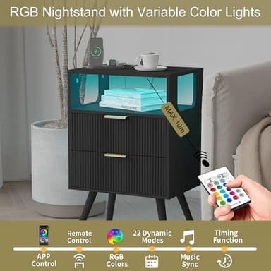 JOONEE Black Nightstand with Charging Station and LED Lights,Modern Bedside Table with 2 Storage Drawer and Open Wood Shelf, for Bedroom and Small Spaces,Night Stand with Solid Wood Legs,Black - Image 5