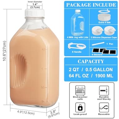 Syntic 4 Pack 2 Qt Glass Milk Bottles with Handle and Airtight Reusable Screw Lids, 1/2 Gal Glass Water & Juice Bottles with 2 Pour Spouts, 64 Oz Milk Jug Pitcher w Scale - Image 3