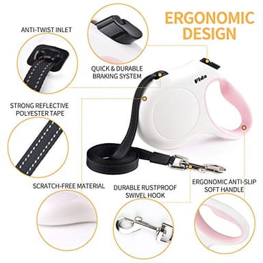 Fida Retractable Dog Leash for Small Breed up to 26 lbs, 16 ft Pet Walking Leash with Dispenser and Poop Bags, Anti-Slip Handle, Reflective Strong Nylon Tape, One-Handed Brake (S, White & Pink) - Image 3