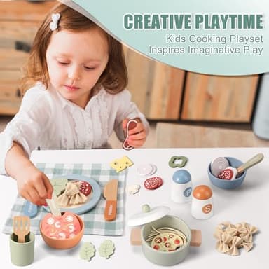 Wooden Play Cooking Set, Pretend Play Kitchen Accessories Toys Set for Kids Toddlers, Including Play Dishes, Pot and Pan, Utensils, Gifts for 3 4 5 Years Old Girls Boys - Image 6