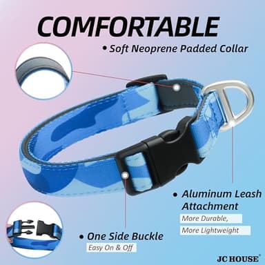 JC HOUSE Soft Padded Dog Collar, Neck 16’’-25’’, Adjustable Heavy Duty Collar with 3M Reflective Logo for Medium, Large Dogs, Camo Blue, L - Image 3